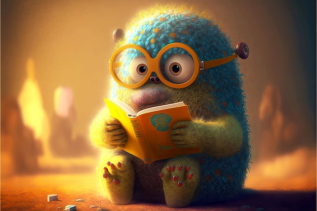 Cute monster reads books in large bright glasses generative ai