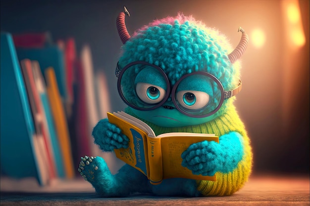 Cute monster reads books in large bright glasses generative ai