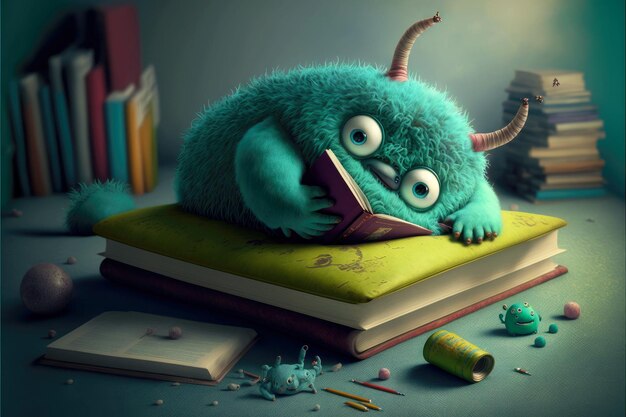 Cute monster reads books lying on stomach with paw raised generative ai