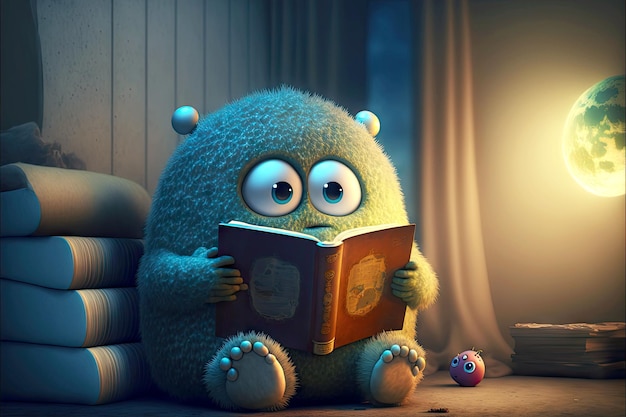 귀여운 괴물은 달 생성 인공 지능의 배경에 대해 가벼운 애완 동물과 함께 방에서 책을 읽습니다.