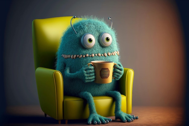 Cute monster reads books and sits in armchair with cup of coffee generative ai