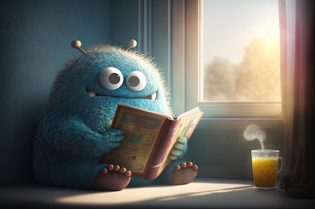 Cute monster sits in window sill reading book with the sun shining through