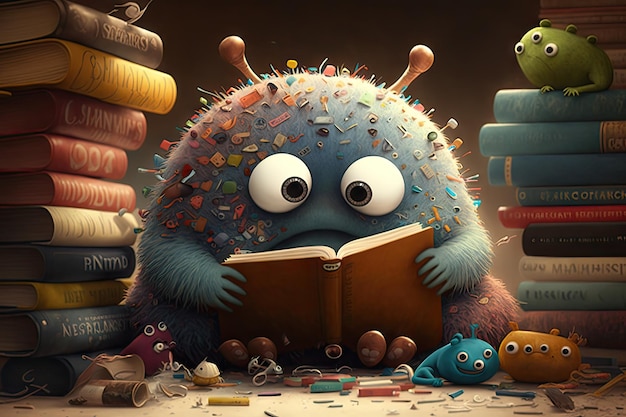 Cute monster surrounded by collection of different books each one with its own unique cover