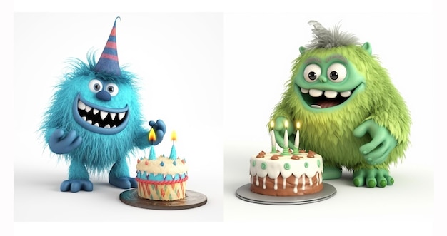 青と緑の色のかわいいモンスターがケーキの 3D レンダリングで誕生日を祝っています。