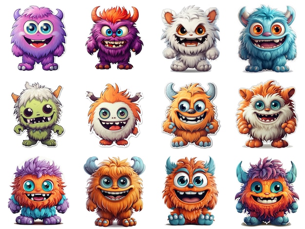 Photo cute monsters stickers pack cartoon fluffy characters set on white background