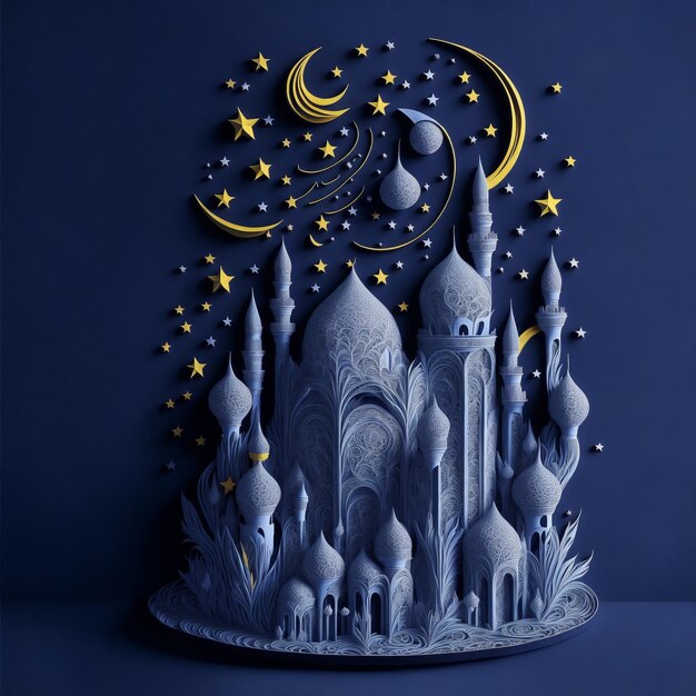 Photo cute mosque with papercut design stand in round podium