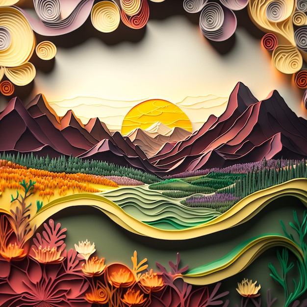 Cute mountain natural paper quilling images Generative AI