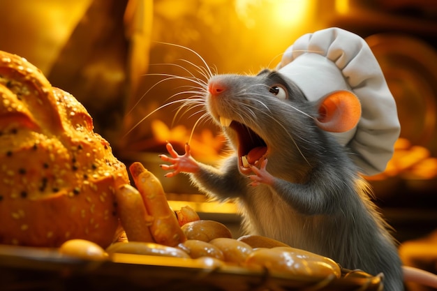 Cute mouse chef cooks food in the kitchen 3d illustration