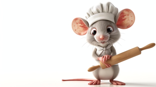 A cute mouse chef is holding a rolling pin It is wearing a white chefs hat and apron It has big ears and a long tail