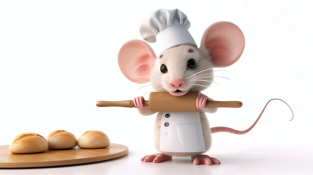 A cute mouse chef is holding a rolling pin and standing next to a wooden plate with bread on it The mouse is wearing a white chefs hat and apron