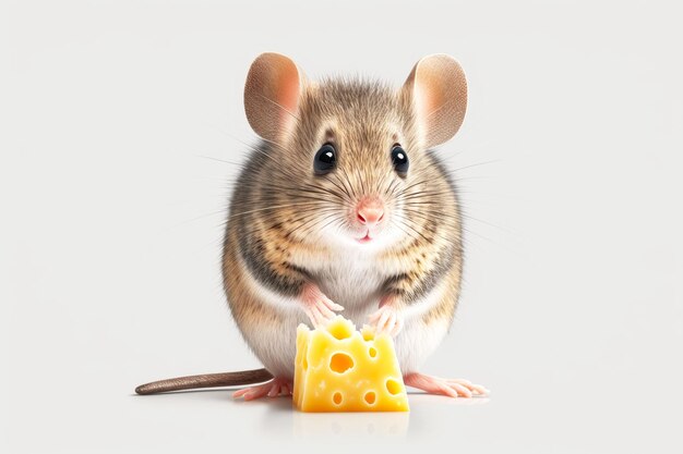 Фото Милая мышь ест сыр с серыми лапами, изолированными на белом фоне, генеративный ай
