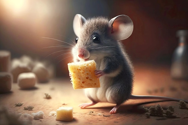 Cute mouse eating cheese with rag on neck and shiny eyes generative ai