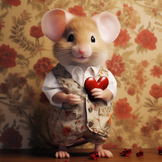 Photo cute mouse holding a red heart