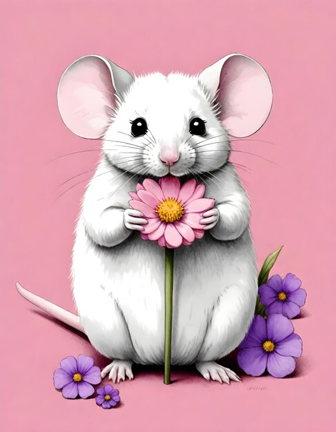 Photo cute mouse is holding a pink flower