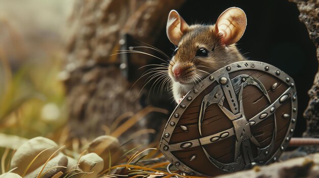 A cute mouse is sitting in front of its hole It is holding a small shield The mouse is looking at the camera