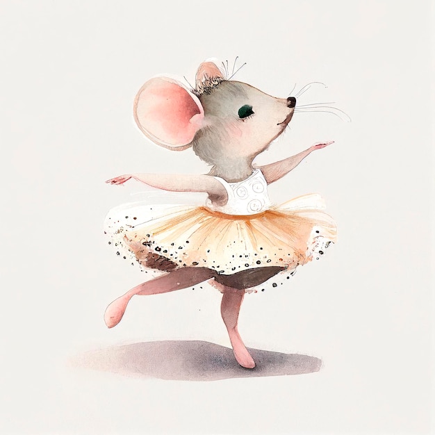 Cute mouse painted in watercolor with a ballerina tutu performing ballet exercises scrapbooks cards