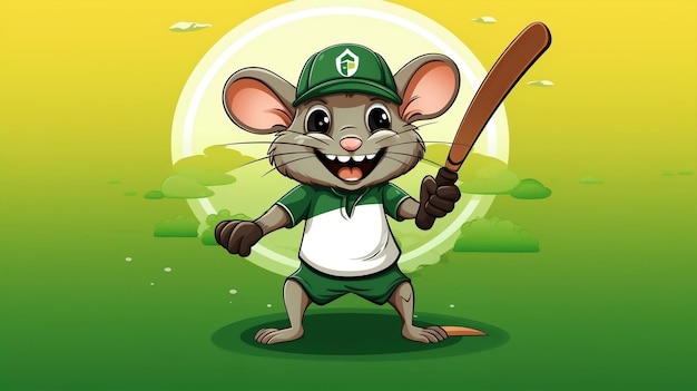 Foto un simpatico topo mette in mostra l'illustrazione piatta della mascotte che indossa un'uniforme da baseball e gioca a baseball