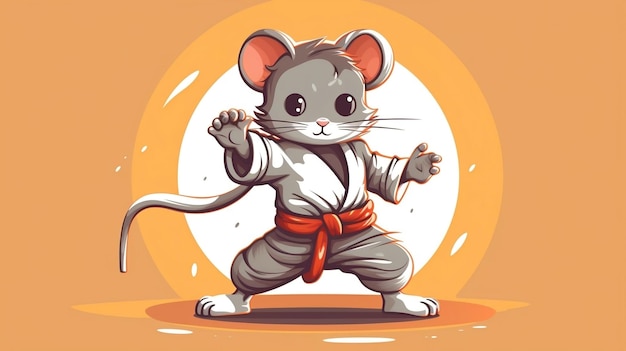 A cute mouse Sports Mascot flat illustration wearing a karate uniform and playing karate