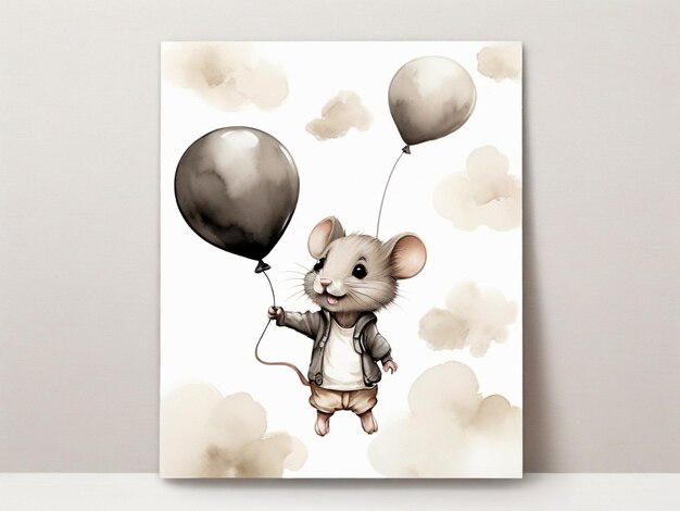 Cute mouse with a balloon on a white background with clouds illustration