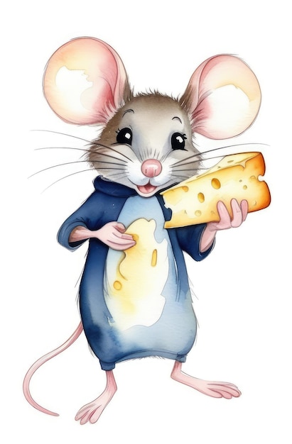 cute mouse with big ears in smiling holding piece of cheese on white backdrop funny character