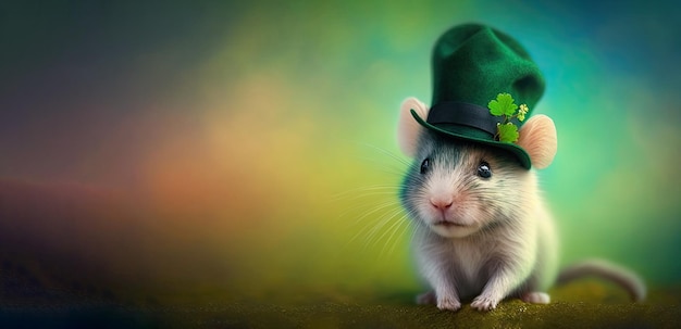 Cute mouse with green St Patrick's day hat on a blurred colored background Generative AI