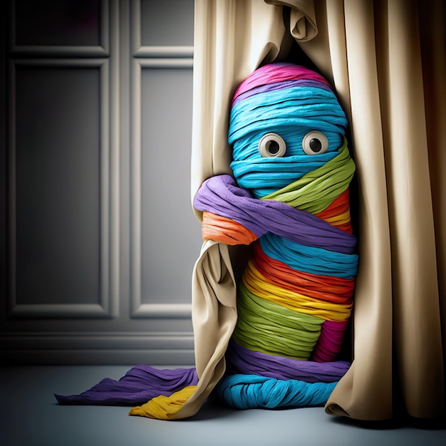 Cute mummy made of colorful curtains