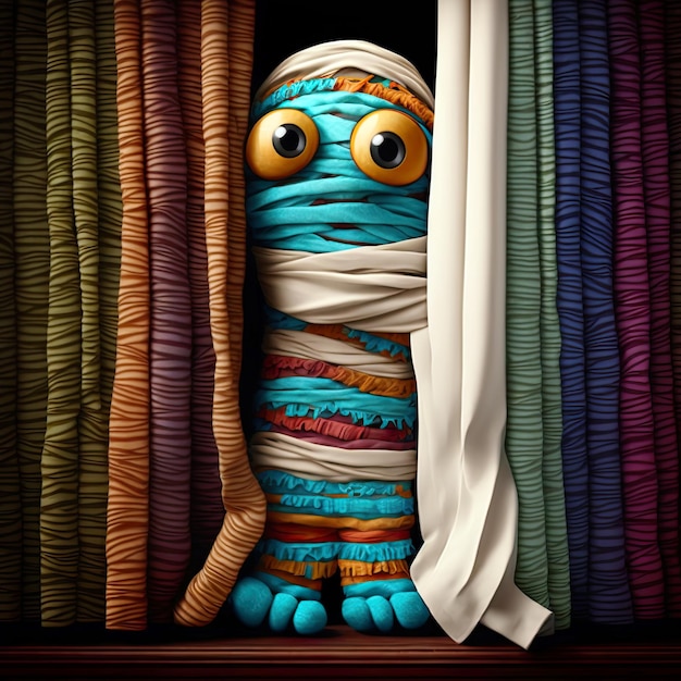 Cute mummy made of colorful curtains