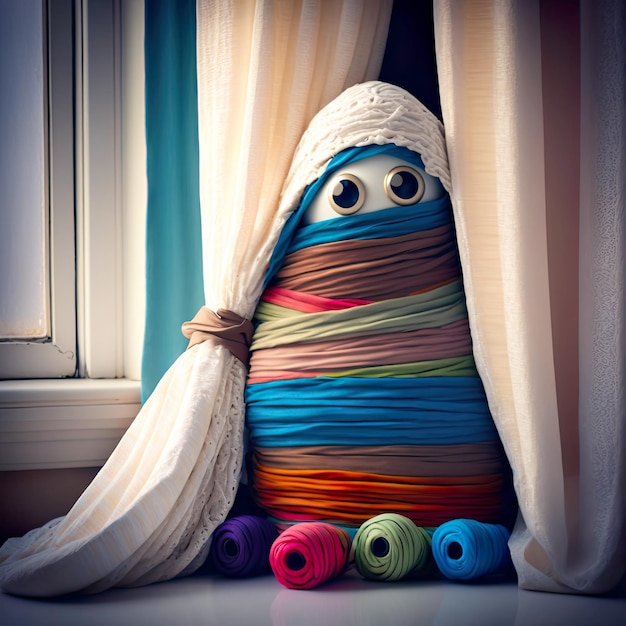 Cute mummy made of colorful curtains