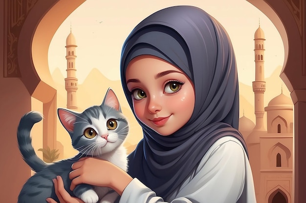 Cute a muslim girl and a cat cartoon illustration