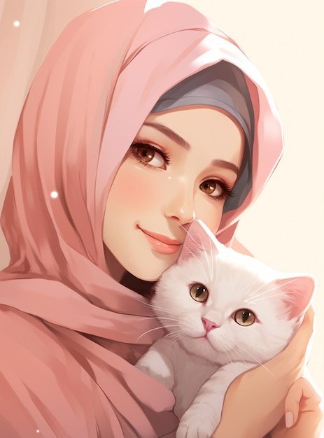 Photo cute muslim girl holding cat