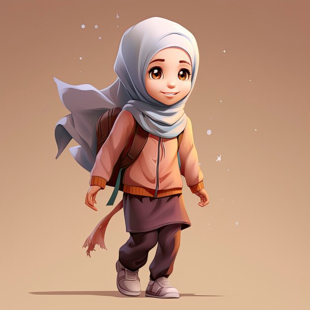 Photo cute muslim girl mosquee behind entire body cartoon illustration simple