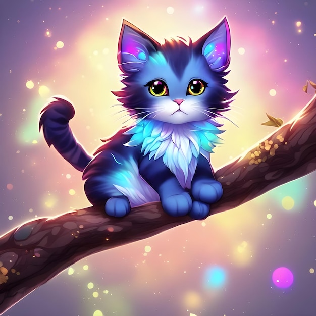 Cute mystical cat on tree branch