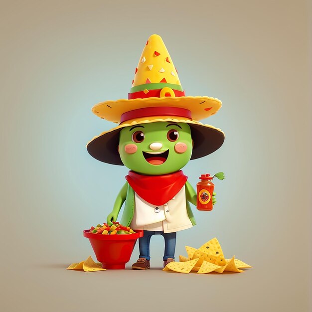 Foto cute nachos che indossano un cappello e tengono la salsa di peperoncino cartoon icon vector illustrazione food holiday icon concept isolato premium vector flat cartoon style