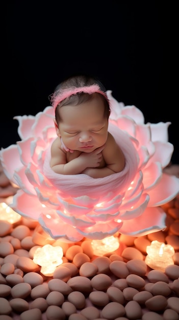 Photo a cute new born baby as a flower facial