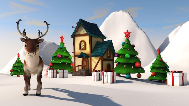 Cute new year deer and christmas landscape. 3D rendering.