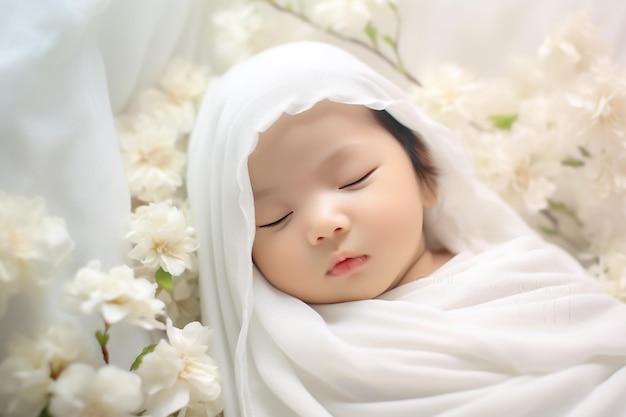 Cute newborn asian girl sleeping on furry cloth wearing roses headband