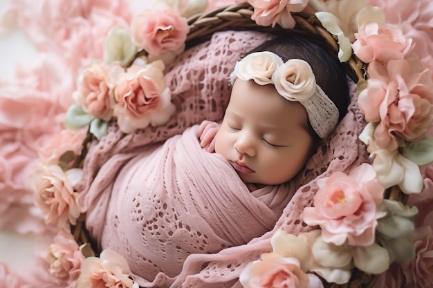 Photo cute newborn asian girl sleeping on furry cloth wearing roses headband