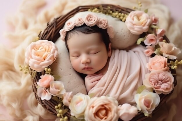 Cute newborn asian girl sleeping on furry cloth wearing roses headband