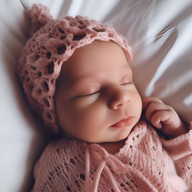 Photo cute newborn baby girl sleeping in a pink knitted hat