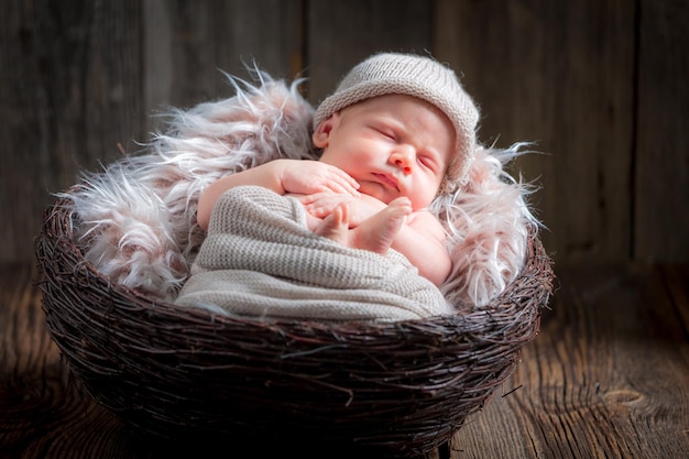 Cute newborn baby sleeping in the basket