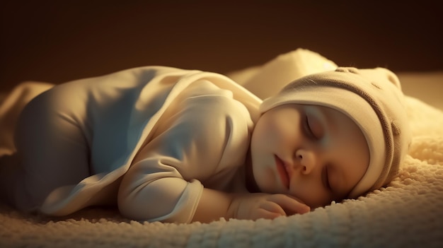 침대 위에서 자고 있는 귀여운 신생아 클로즈업