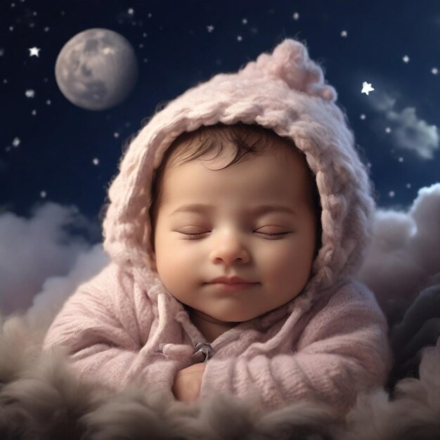 a cute newborn baby sleeps serenely on a fluffy cloud curl hair nighty theme a happy sleepy cresc