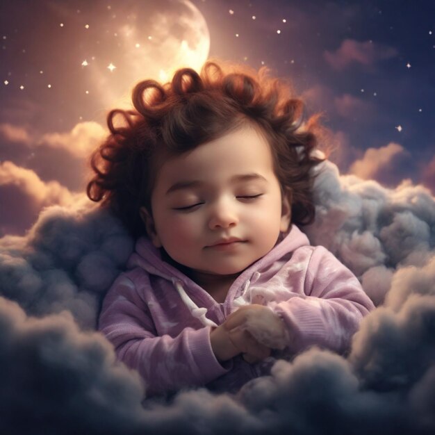 Photo a cute newborn baby sleeps serenely on a fluffy cloud curl hair nighty theme a happy sleepy cresc