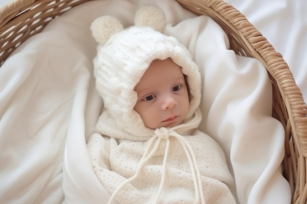 Photo cute newborn baby on white blanket in wicker crib closeup