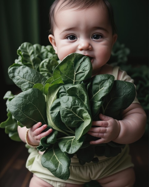 Cute newborn baby wrapped with green vegetable