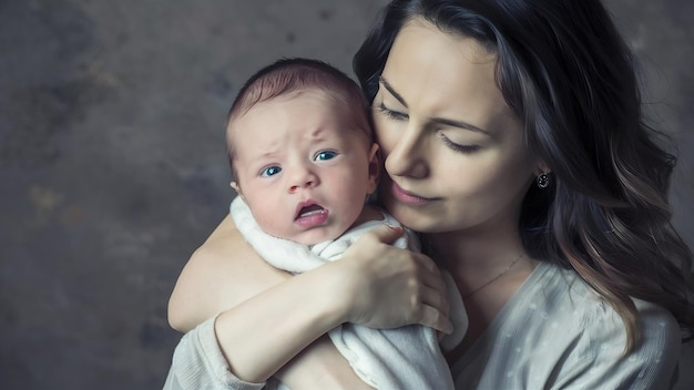 Photo cute newborn kid frightenedly looks aside while good looking young mother gently huggs baby express