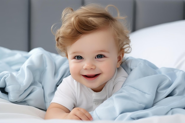 Cute newborn smiling boy in a white cloth lying in a bed in a bedroom with a light blue interior