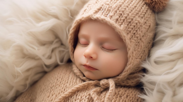 Cute newborn wearing a stylish hat and knitted onesie