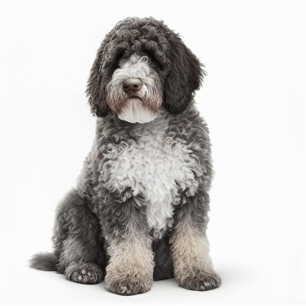 Cute nice dog breed spanish water dog isolated on white close-up, beautiful pet, fluffy curly dog