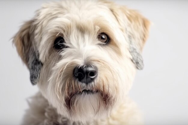 Cute nice yellow cream fluffy dog breed wheaten terrier isolated on white closeup